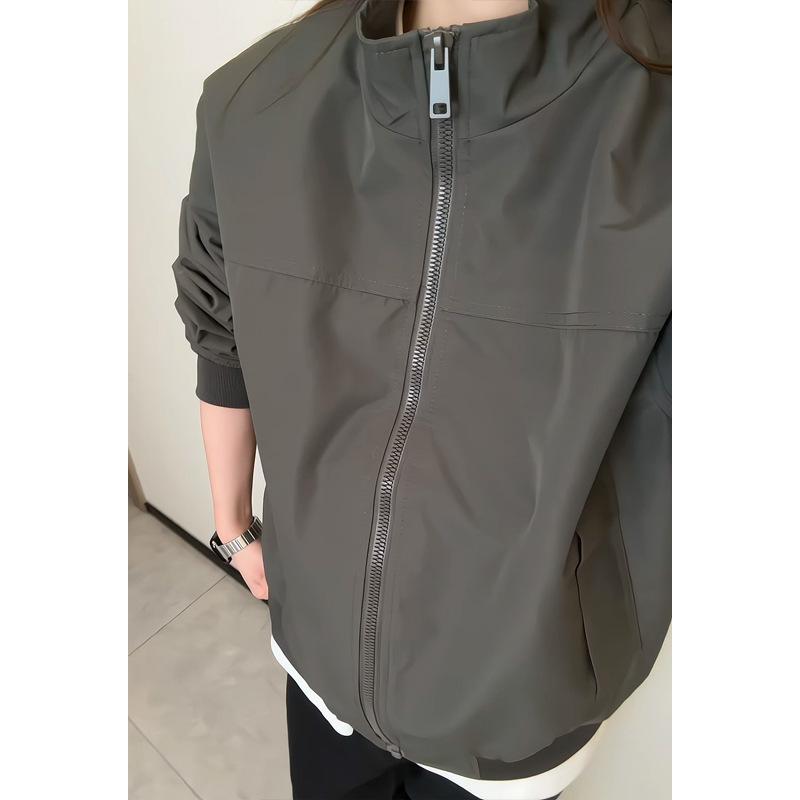 Mens Stand Collar American Style Bomber Jacket Loose Casual Baseball Outerwear