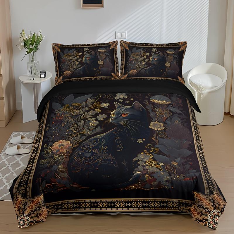 

3Pcs Duvet Cover Set (1*Duvet Cover + 2*Pillowcase, Without Core), Flower Animal Cat Print Bedding Set, Soft Comfortable Duvet Cover Set&EU Single(135x200cm)