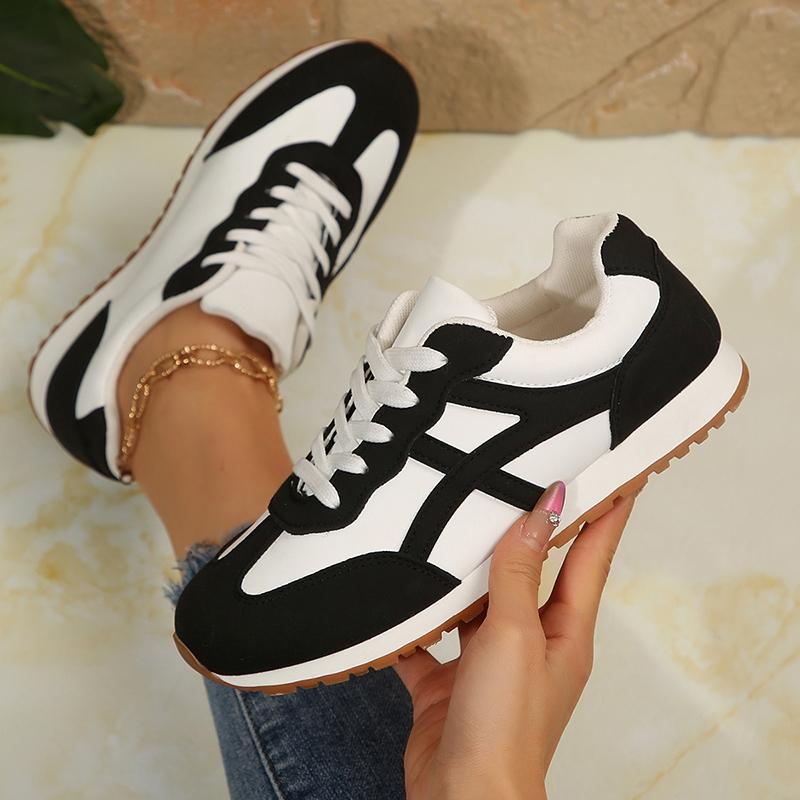 Fashion Women's Contrast Color Casual Sneakers Comfort Non Slip Soft Sole Walking Shoes Woman Fashion Black White Striped Flat Sneakers
