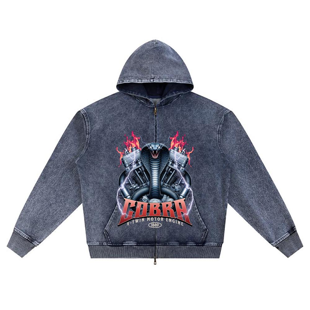 DTG print Knitted Denim Zip-Up Hoodie Cobra Engine Brother Print Zipper Hoodies  