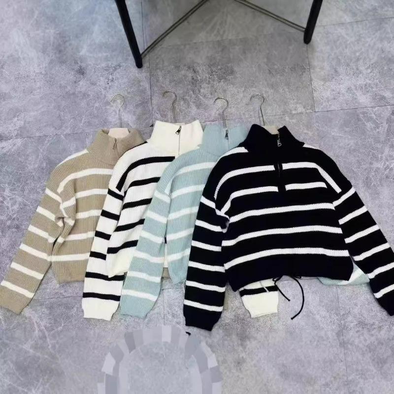 Half Zipper Turtleneck Striped Sweater Women's Autumn and Winter Small Thickened Loose Lazy Pullover Short Knitted Sweater