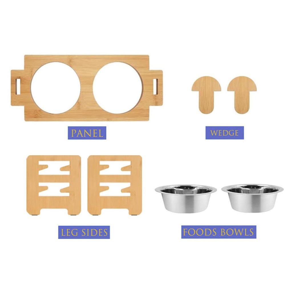 Adjustable Bamboo Wood Double Bowl Stand for Cats and Dogs - Elevate Pet Feeders for Neck Protection