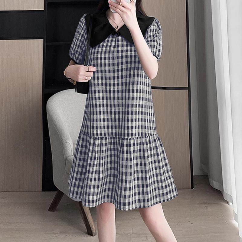 

ZANZEA Женское платье с кукольным воротником, свободного кроя, с коротким рукавом, в клетку S тёмно-синий