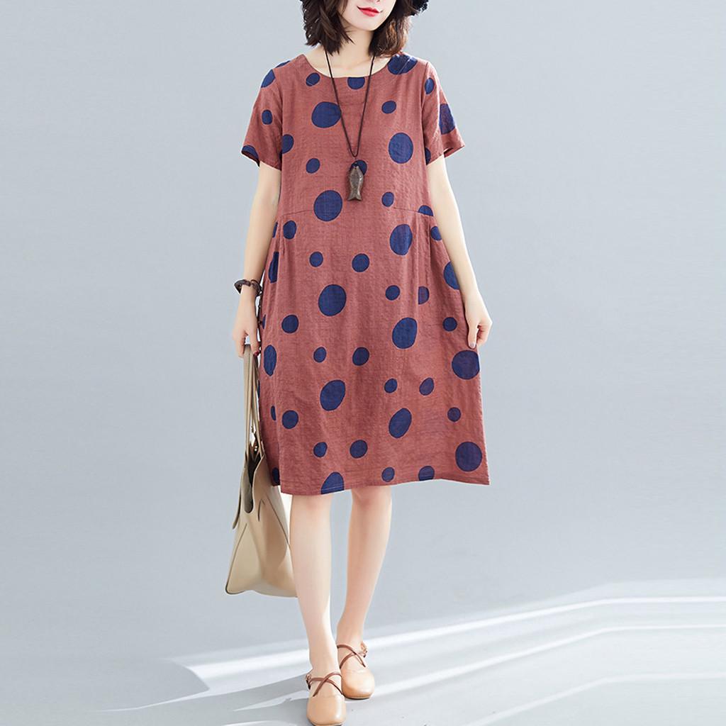 

Women Cotton Linen Retro Dot Mid-length Short-sleeved Loose Dress M коричневый