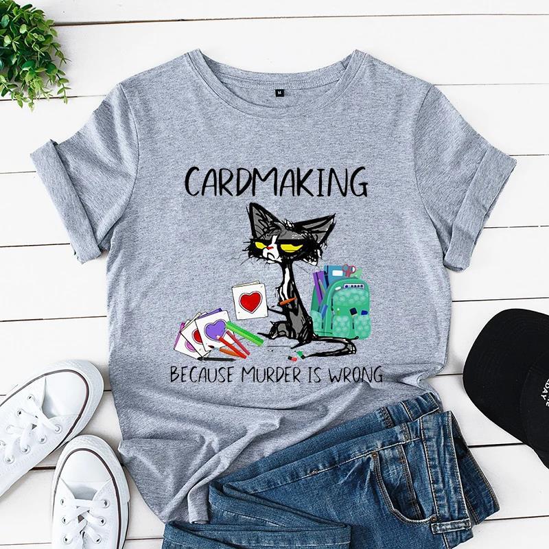 Sommer Kurzarm T-Shirt bedruckt mit Schwarzer Katze Gartenarbeit Lässig Lockeres Oberteil, Modische Reine Baumwoll-T-Shirts Damen
