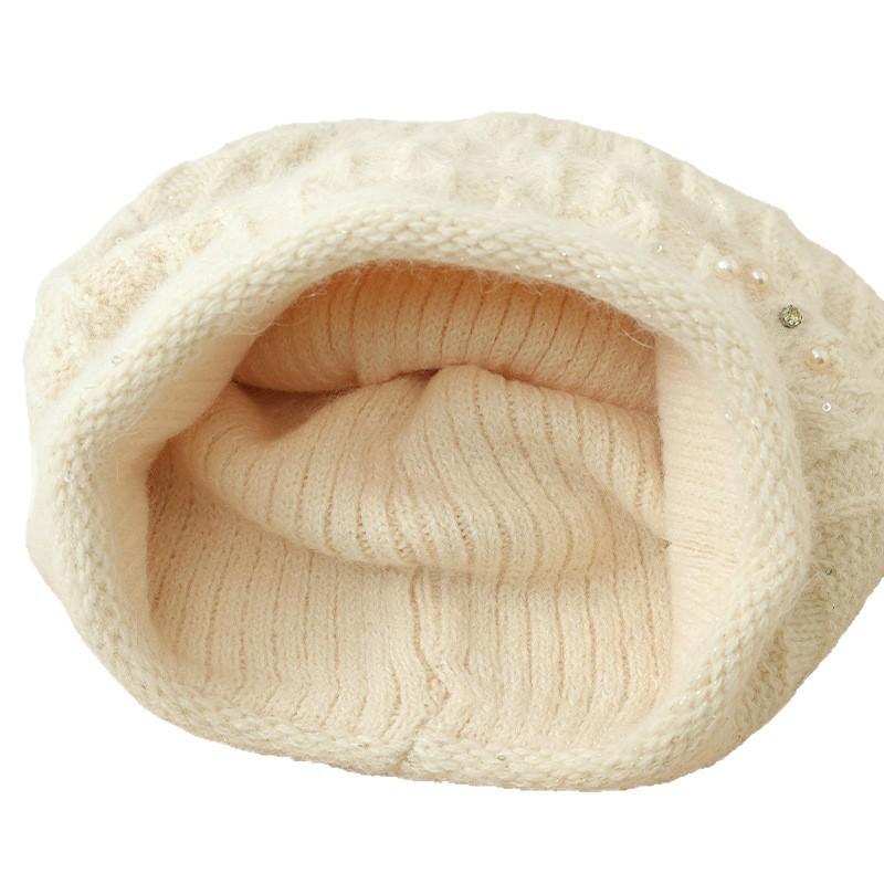 European and American Checked Pearl Dot Drill Rabbit Fur Pullover Hat Autumn and Winter Retro Versatile Wool Hat Outdoor Cold Warm Hat