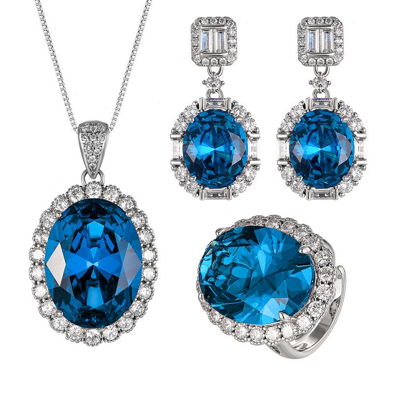 Jewelry Copper Bottom Gold-Plated Simulation Blue Spinel High-End Jewelry Set Women'S Stone 15 * 20