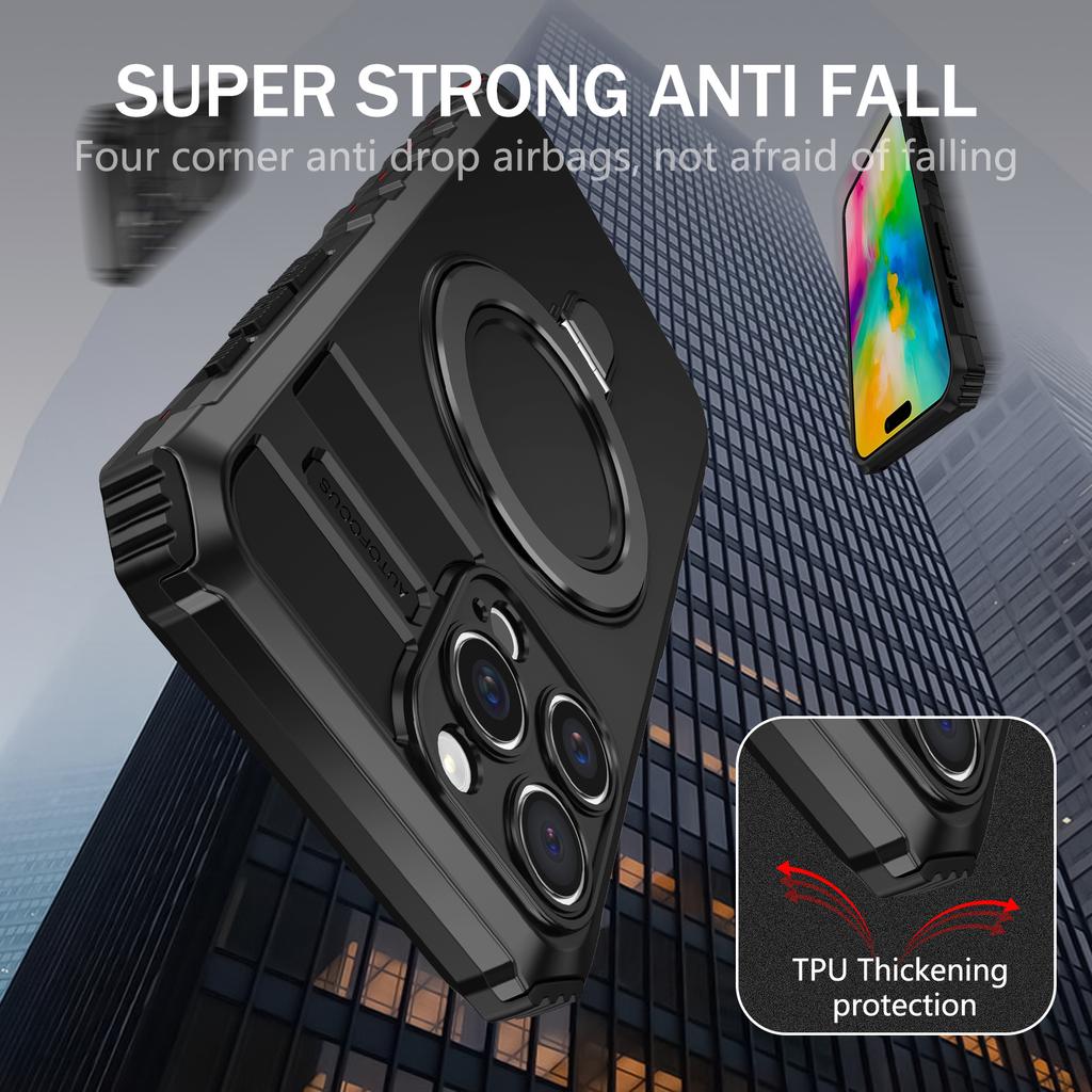 For iPhone 16 Pro Case Compatible with MagSafe PC+TPU Phone Cover Ring Kickstand