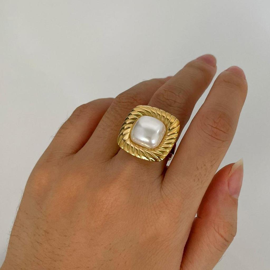 European & American Style Stainless Steel Open Ring with Square Texture & Imitation Pearl