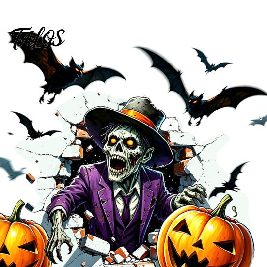 Self Adhesive Holiday Wall Art Halloween Zombie Pumpkin Bat Stickers, Waterproof PVC 3D Cracked Decals, Peel Durable Window Decals for Home And Stick