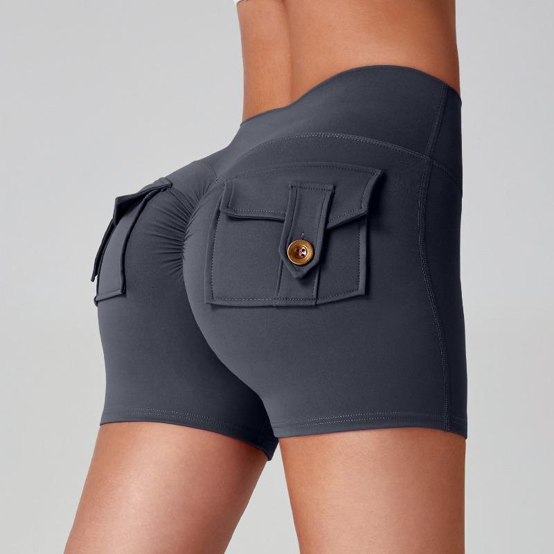Dámské nákladní jógové šortky s vysokým pasem, design Broskvový zadek, kapsy, 3 body, Šortky na cvičení, Pocit nahoty, Vysoce elastické, Rychleschnoucí, Běžecké šortky