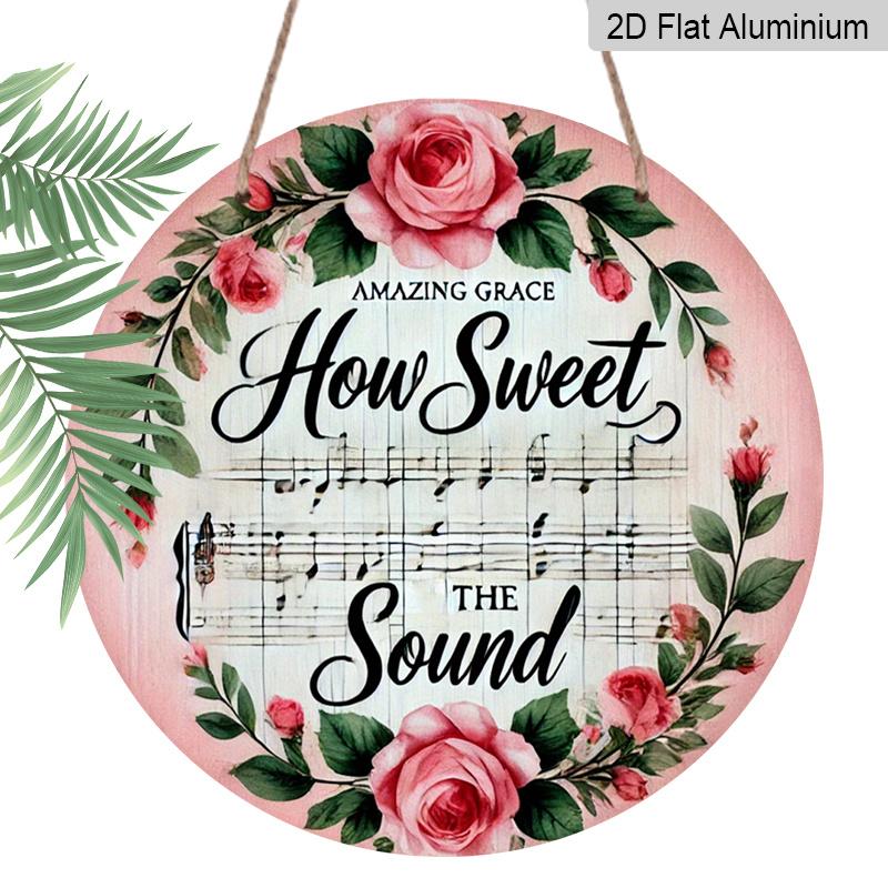 2D Flat, 1pc Vintage Circular Metal Sign, 8x8 In, Pink Floral Wreath & "How Sweet The Sound" Inspirational Quote - Aluminium Wall Decor for Home