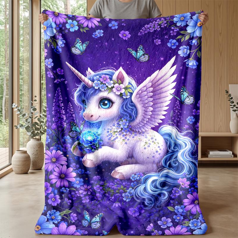 Fairy Unicorn Among Flowers Theme Blanket Lightweight Warm Flannel Blanket Decorative Throw Blanket for Home Decoration