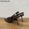 Fashion SUOJIALUN Spring New Brand Women Sandal Fashion Pointed Toe Shallow Slip On Slingback Shoes Thin High Heel Outdoor Dress Pumps
