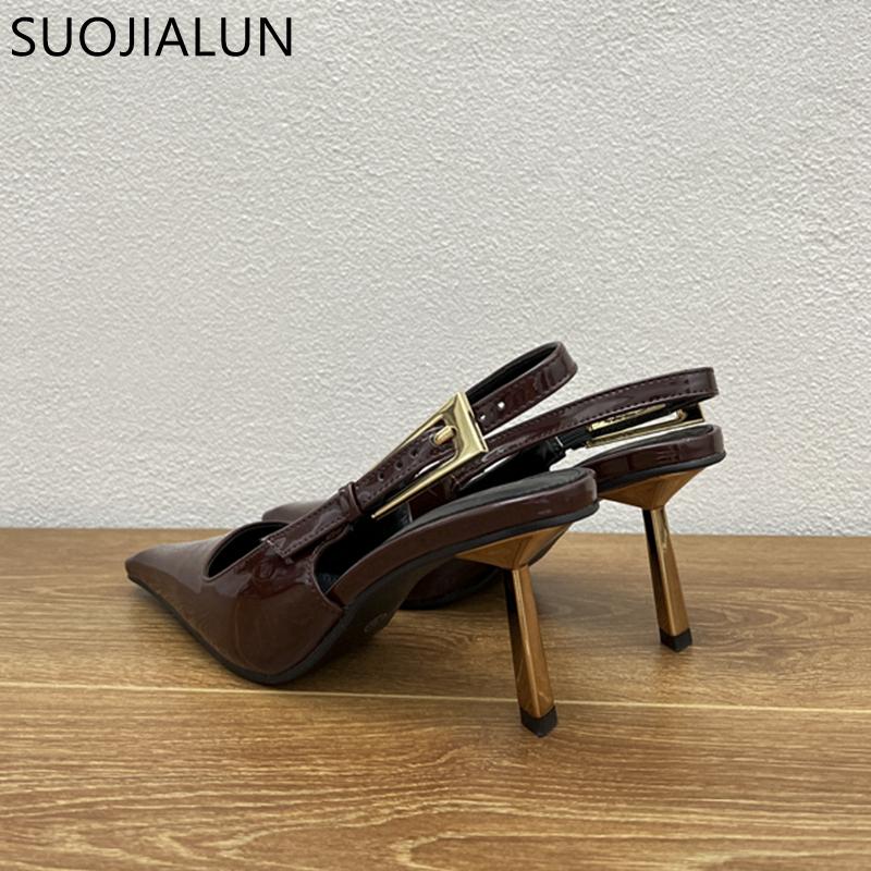 Fashion SUOJIALUN Spring New Brand Women Sandal Fashion Pointed Toe Shallow Slip On Slingback Shoes Thin High Heel Outdoor Dress Pumps