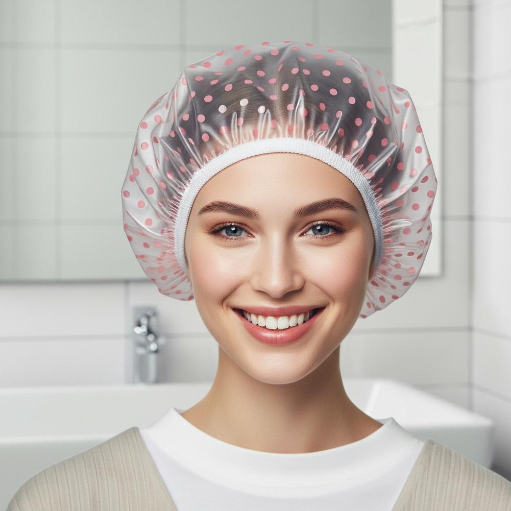 Pink Polka Dot Shower Cap PE Material Waterproof Soft Elastic Band Secure Fit Travel Friendly Lightweight Foldable Hair Protect