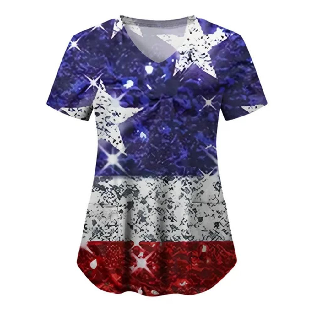Women's T-shirt V-neck Nurse Uniform Star Print Casual Comfortable Short Sleeved Women's T-shirts