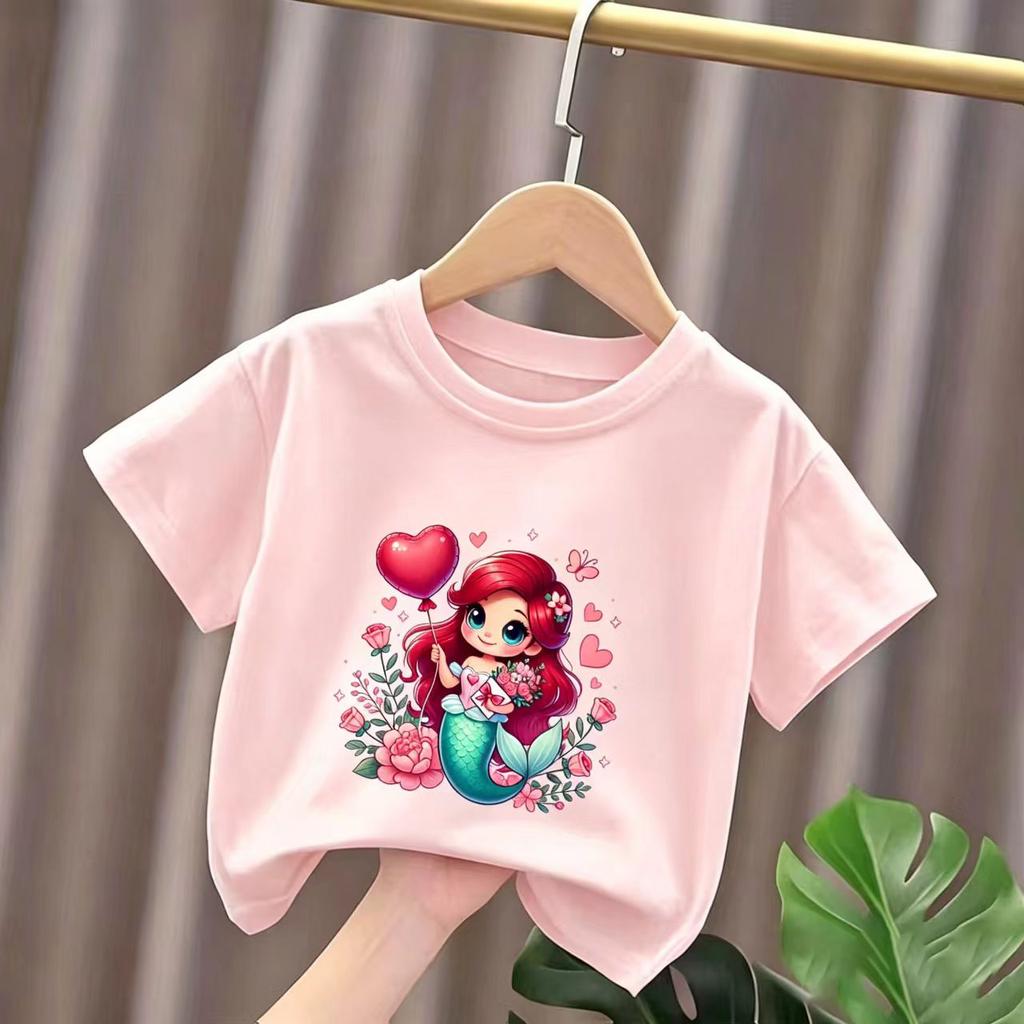 Summer Girls ShortSleeved Cartoon Mermaid Print Pure Cotton Breathable Girls Casual TShirt 2026 New Style Summer Clothing