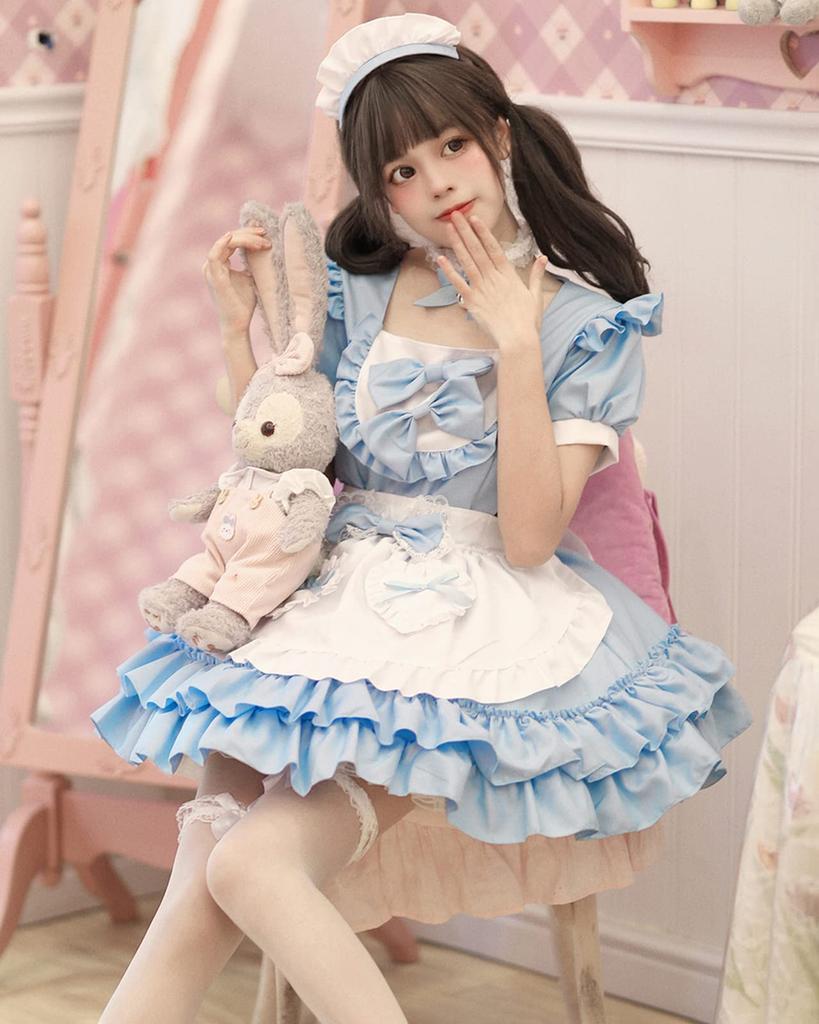 Milky Time Women's Lolita Maid Cosplay Dress, Short Sleeves, Ribbon, 4 Colors (Blue)