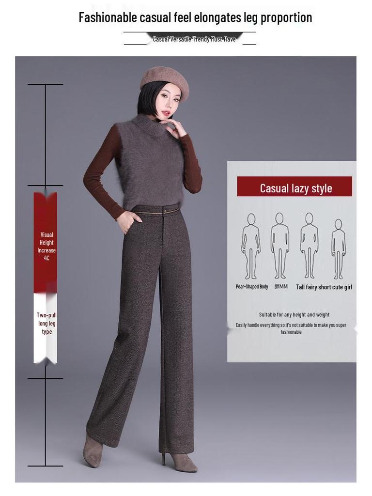 Women's Woolen High-Waisted Wide-Leg Pants - Versatile Spring/Autumn Style, Thickened with Elastic Back, Straight-Leg Trousers