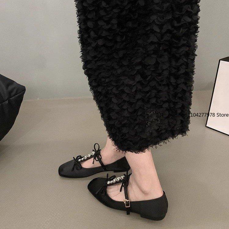 Fashion Ballet Flats Spring Autumn Square Toes Crystal 2025 Women Mary Jane Shoes New Butterfly-knot Ladies Party Dress Thick Heel Shoes