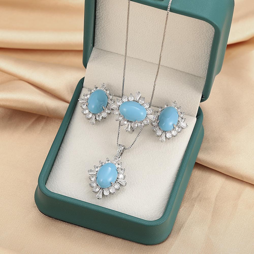 925 Sterling Silver Fashion Vintage Paraiba Pa Blue Full Diamond Zircon Pendant Ring Stud Earrings Set Ladies Jewelry
