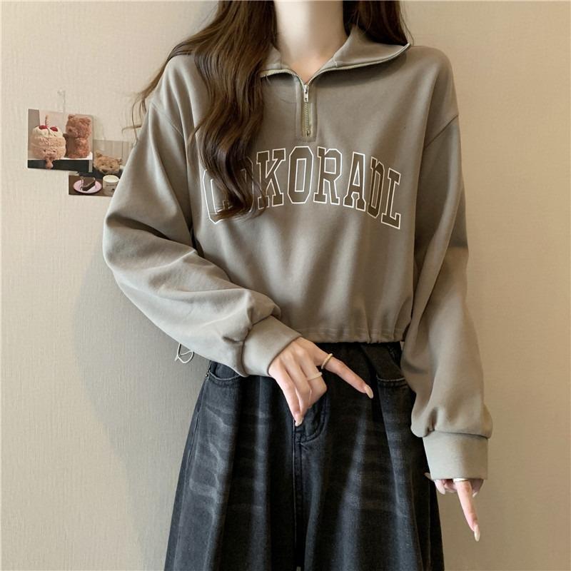Half zipper PO neck sweater women's thin loose drawstring hem real shot short long sleeves on clothes