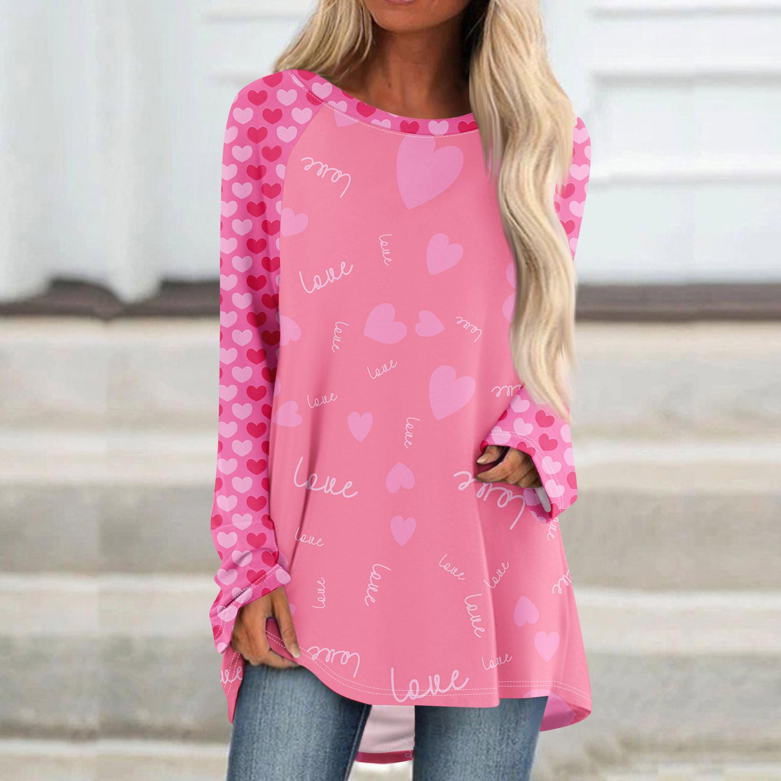 

Женский модный свободный свитер средней длины с круглым вырезом, с принтом ко Дню святого Валентина, рукавами реглан, с длинными рукавами, повседневный топ XL розовый