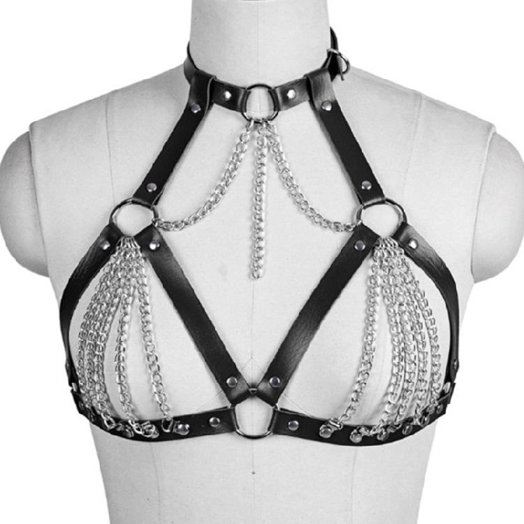 PU Leather Chest Harness with Eye Catching Chain Gothic Body Bra Harness for Parties and Unique Fashion Statements