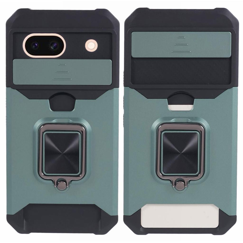 For Google Pixel 8a Cover Camera Slide Lid Card Holder Cell Phone Case with Ring Kickstand