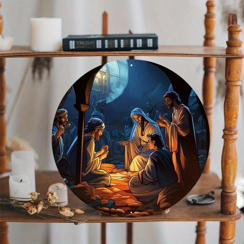 Wooden Festive Nativity Scene Sign, Circular Mark, Suitable for Living Room, Wall, Home Decoration, 8x8 Inch, 1Pc