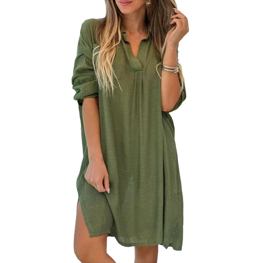 Yousheng Lady Beach Shirt Dress with Cufflinks Thin Loose Side Slit Midi Dress Turn-down Collar Long Sleeve Dress for Vacation Daily Wear