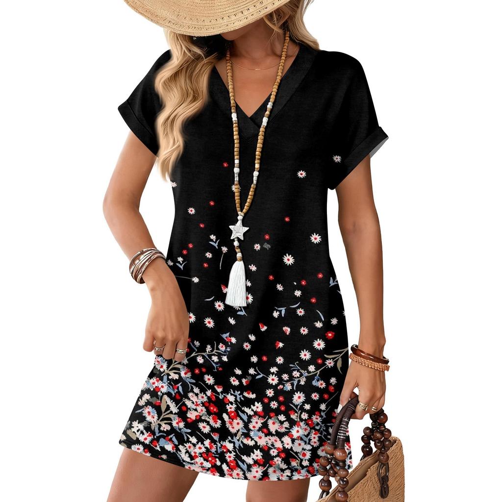 Short Sleeve Women's Dress Casual Dresses With Pockets V Neck Vocation Boho Beach Sundress