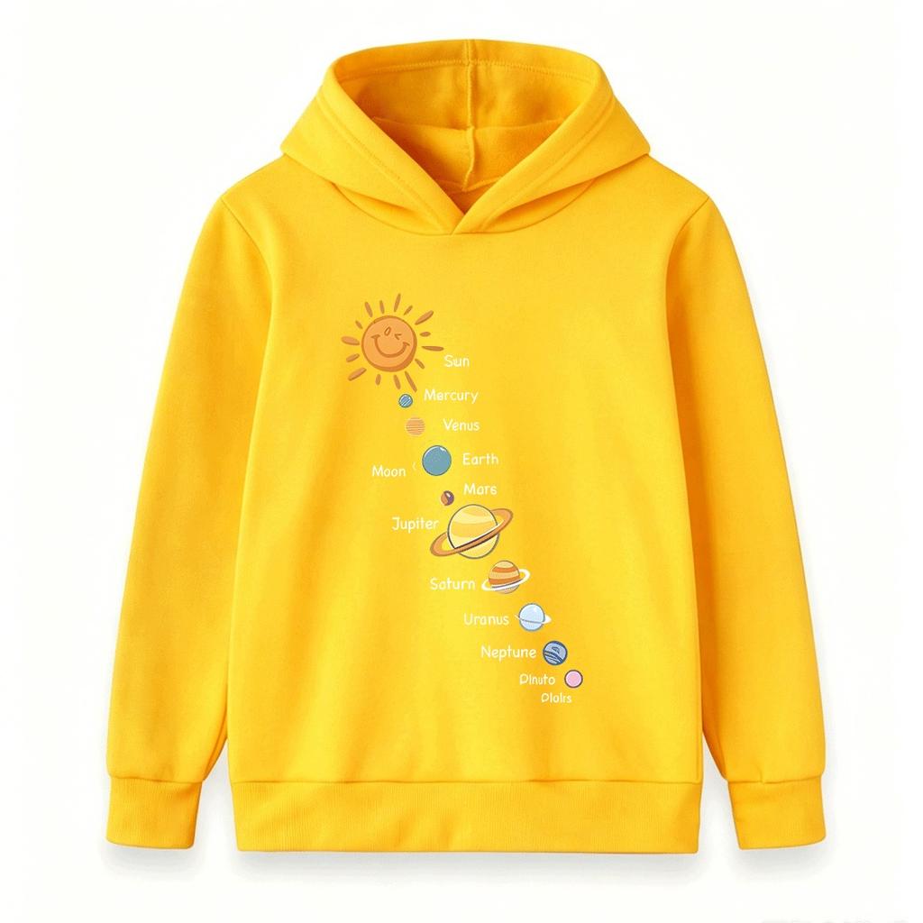 Cartoon Solar System Sun Planets Print Kids Hoodie Boys Girls Casual Long Sleeve Pullover Sweatshirt for Children Daily Wear