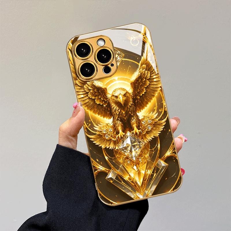 Custodia per telefono in vetro placcata elettroliticamente di alta qualità per iPhone 17, 16, 15, 14, 13, 12, 11pm Pro Plus. Design di lusso di alta gamma con aquila dorata.
