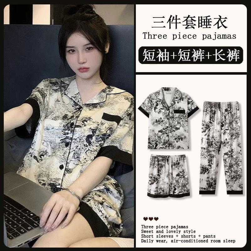 Spring and Summer High-end Pajamas Women's Short-sleeved Three-piece Set Casual Women's Imitation Cotton Loungewear Large-size Set