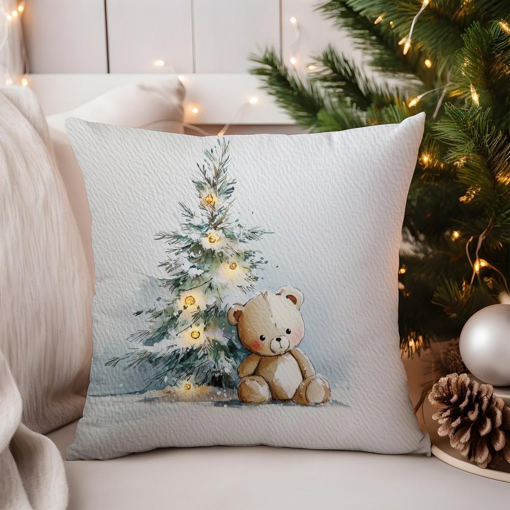 Home Decor Christmas Bear with Tree and Cup Pillow Pattern Cushion Cover Suitable for Sofa Bedroom Car Pillow Cover