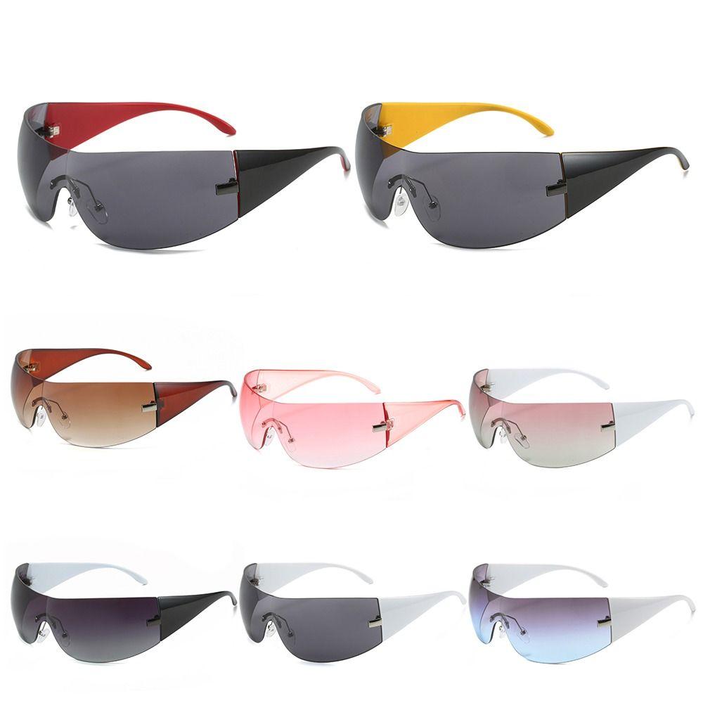 Trendy Futuristic Hip Hop One Piece Y2K Sunglasses Sun Glasses Rimless Wrap-Around