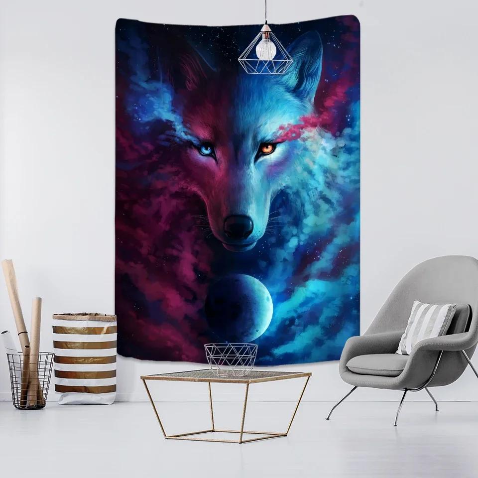 Embroidery Wolf Lion Tapestry Wall Hanging Colorful Simple Bohemian Psychedelic Art Background Cloth Home Decor