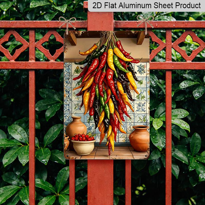 2D Flat 1pc Vintage Chili Pepper Harvest Metal Wall Art-12x8 Inch Rustic Aluminum Tin Sign with Vibrant Red, Green, Yellow, Orange & Chili Peppers