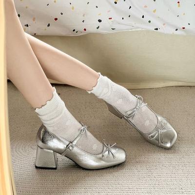 [Armano] Argent doux vent nœud talon épais ballerines chaussures simples femmes français Mary Jane chaussures en cuir talons hauts