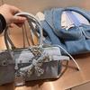 Small Vintage-Style Denim Sausage Bag With Leather Buckle Strap Women Streetwear Casual Use