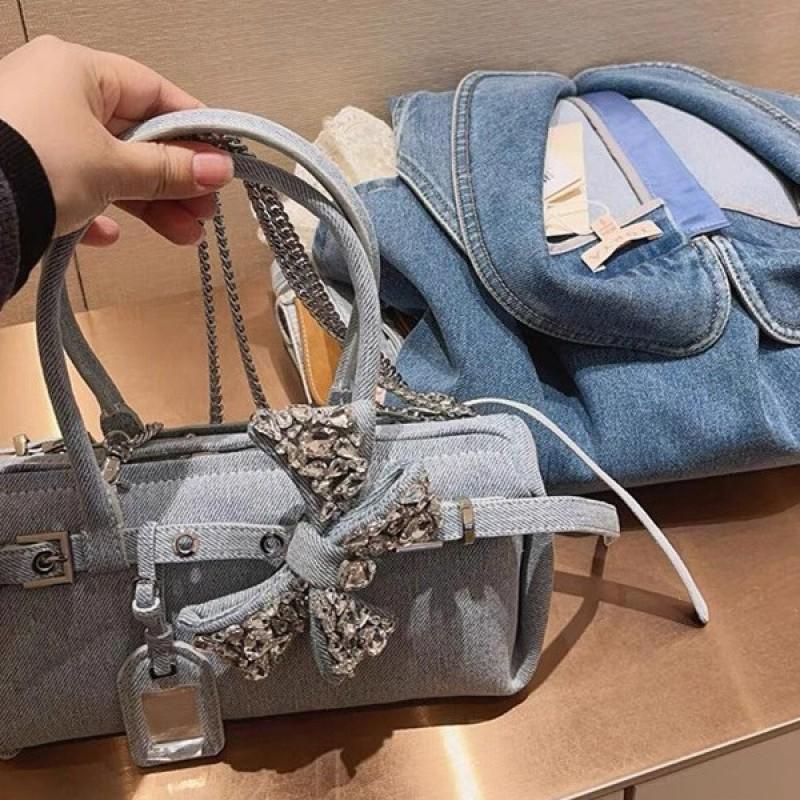 Small Vintage-Style Denim Sausage Bag With Leather Buckle Strap Women Streetwear Casual Use