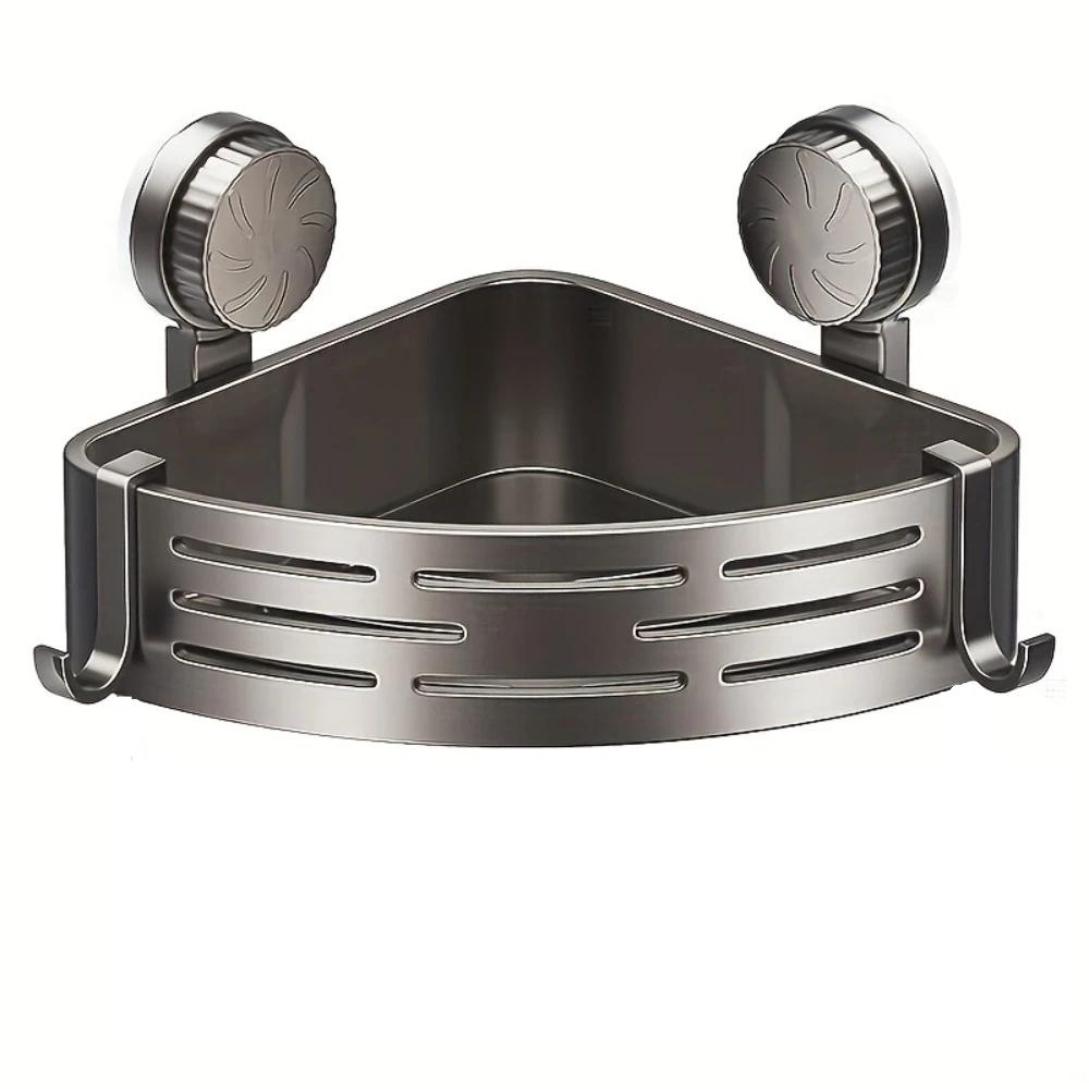 1pc Self-Adhesive/Drill-On Bathroom Shower Shelf with Hooks,Heavy-Duty No Drill Installation Corner Caddy, Aluminum Rack