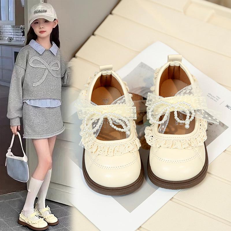 Девочковые туфли Mary Jane с бантом - Весна/Осень, Ретро, Кожаные с кружевной отделкой 25
