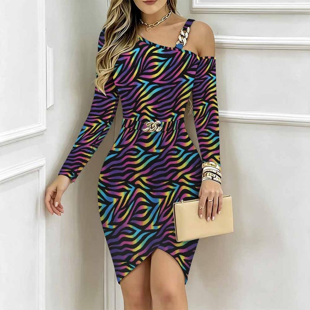 Women Plus Size One Cold Shoulder Long Sleeve Rainbow Zebra Print Irregular Wrap Bodycon Midi Dress