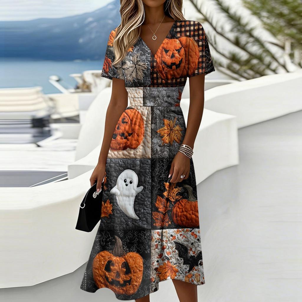 Women Halloween Printed Casual V Neck Short Sleeve Midi Dress with Patchwork Leaf and Pumpkin Pattern for Holiday Party