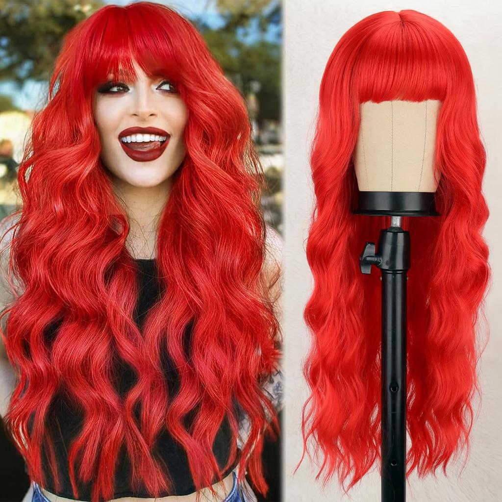 Long Auburn Wigs with Bangs Long Wavy Wigs for Women 26 Inch Copper Red Middle Part Copper Wavy Wig Natural Looking Synthetic Auburn Long Wig