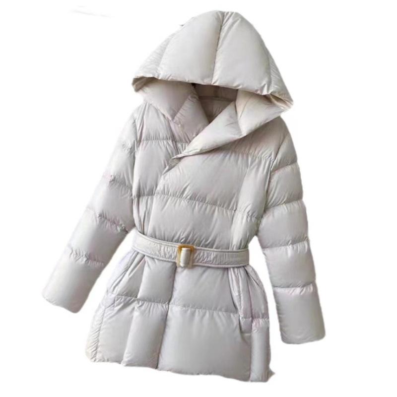 Winter Hooded Women's Down Jackets Warm Casual Lace Up Coat Puffer Jacket Belt Elegant Parka Overcoat
