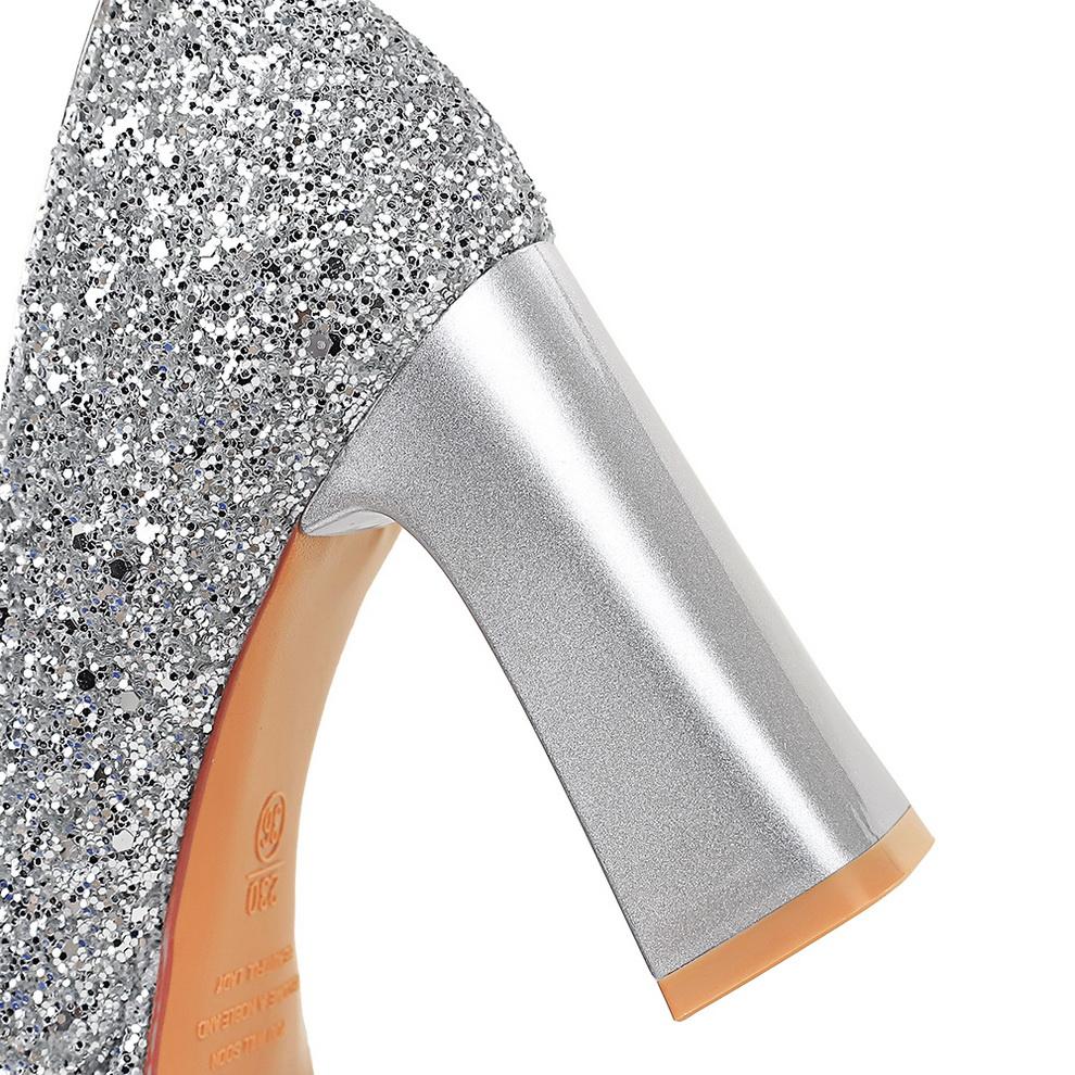 Women's Shoes with Thick Heels, High Heels, Waterproof Platform, Shallow Mouth, Square Toe, Sequins, Straight Strap, Single Shoe